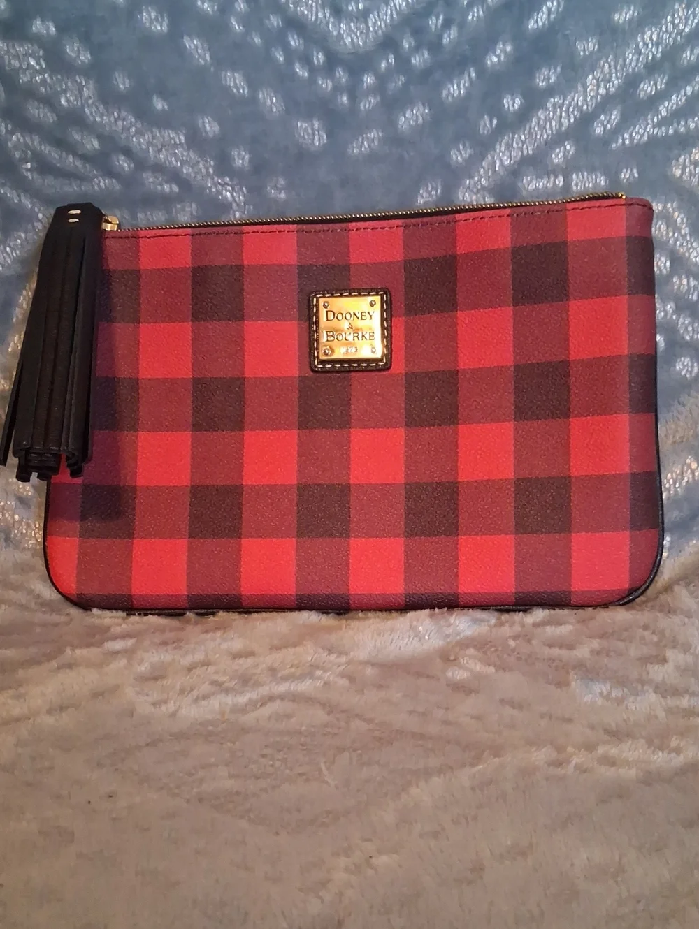 Dooney & Bourke Red and Black Buffalo Plaid Wristlet with Tassel